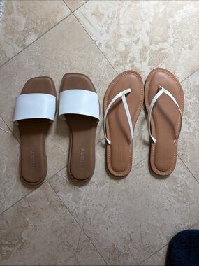 Two Pairs Women’s White Sandals - Tan Footbed size 9